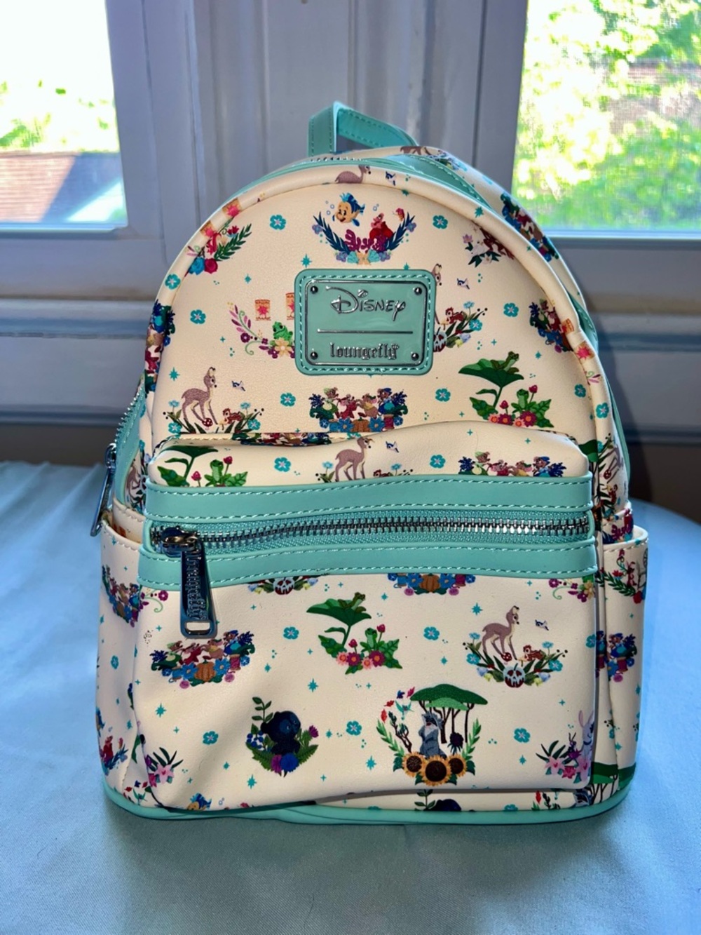 Loungefly Cream Mini Backpack with Aqua Trim and Floral Disney Sidekicks